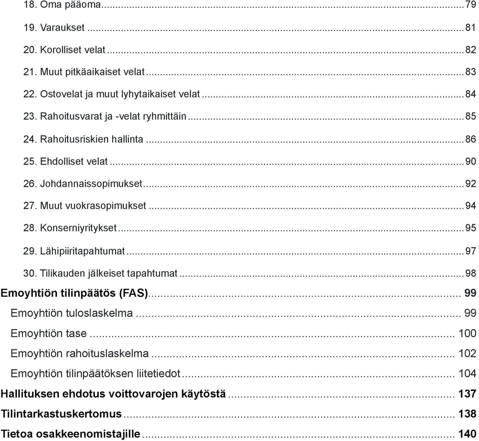 Konserniyritykset...95 29. Lähipiiritapahtumat...97 30. Tilikauden jälkeiset tapahtumat...98 Emoyhtiön tilinpäätös (FAS)... 99 Emoyhtiön tuloslaskelma... 99 Emoyhtiön tase.