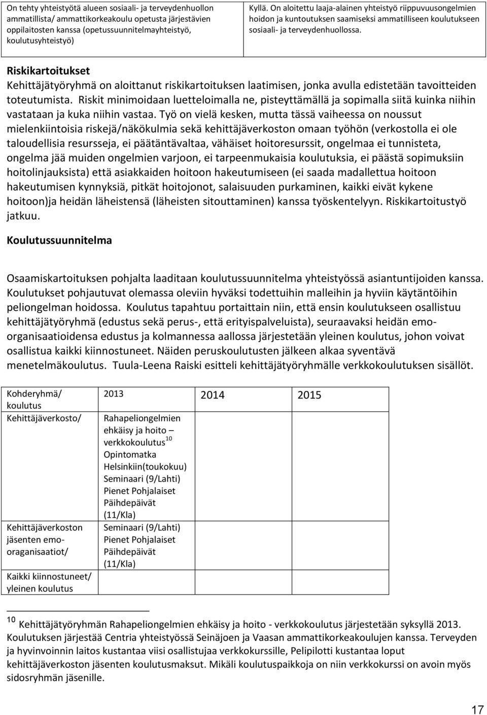 Riskikartoitukset Kehittäjätyöryhmä on aloittanut riskikartoituksen laatimisen, jonka avulla edistetään tavoitteiden toteutumista.