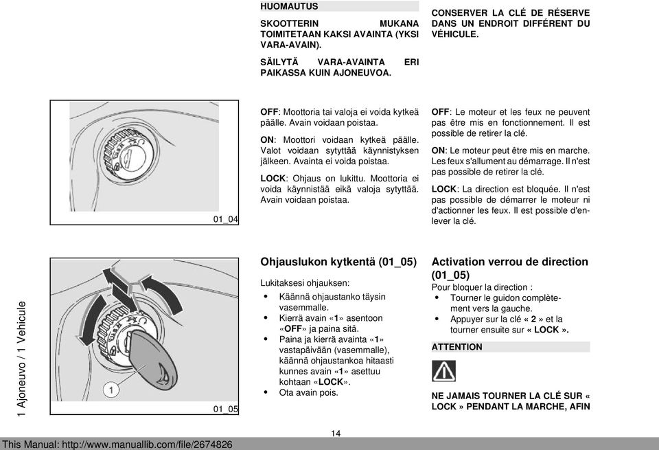 LOCK: Ohjaus on lukittu. Moottoria ei voida käynnistää eikä valoja sytyttää. Avain voidaan poistaa. OFF: Le moteur et les feux ne peuvent pas être mis en fonctionnement.