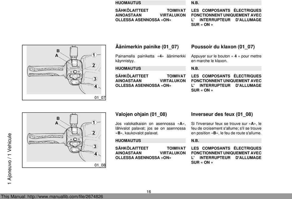 klaxon (01_07) Painamalla painiketta «4» äänimerkki käynnistyy. Appuyer sur le bouton «4» pour mettre en marche le klaxon.