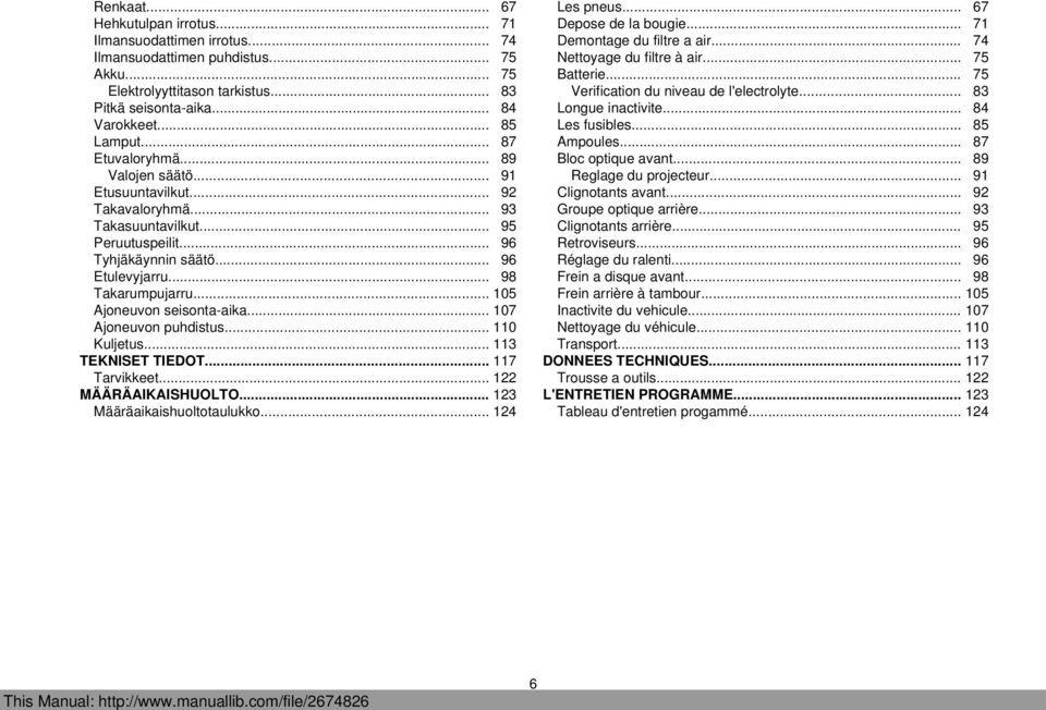 .. 105 Ajoneuvon seisonta-aika... 107 Ajoneuvon puhdistus... 110 Kuljetus... 113 TEKNISET TIEDOT... 117 Tarvikkeet... 122 MÄÄRÄAIKAISHUOLTO... 123 Määräaikaishuoltotaulukko... 124 Les pneus.