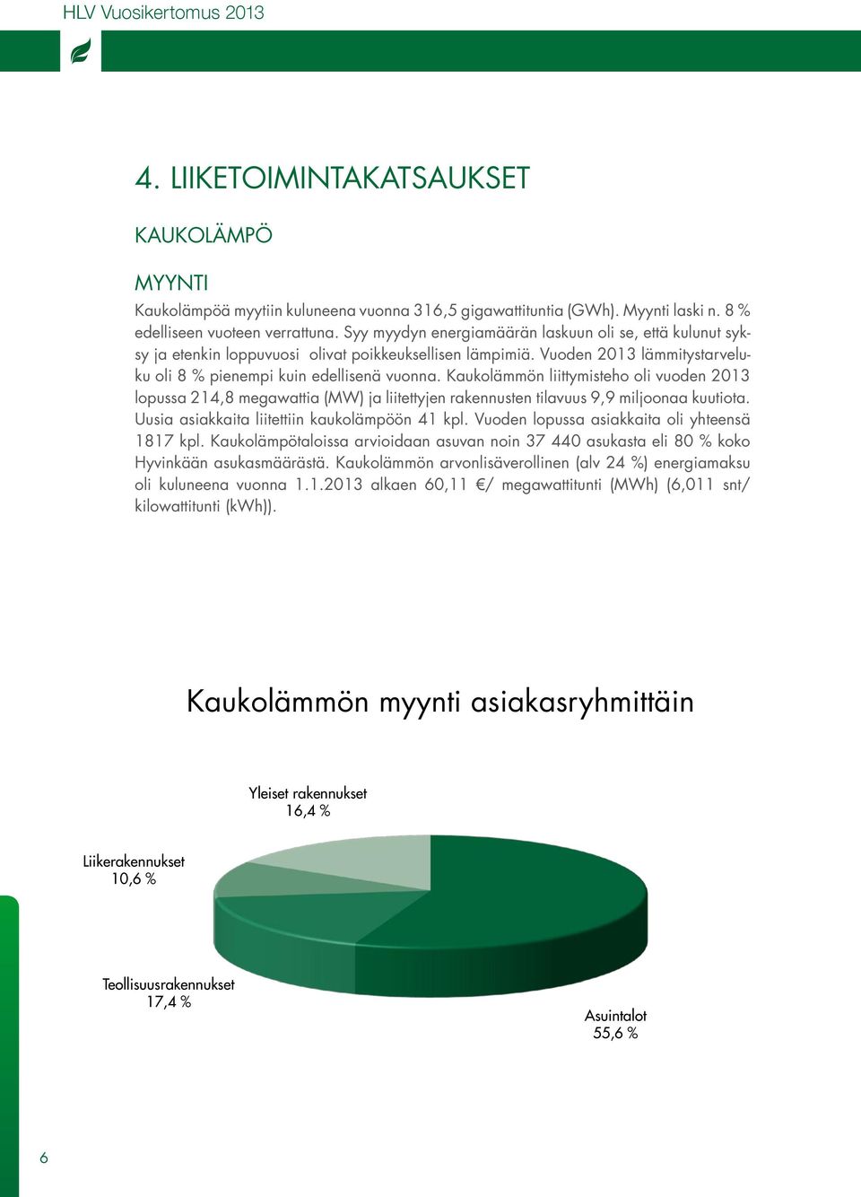 Kaukolämmön liittymisteho oli vuoden 2013 lopussa 214,8 megawattia (MW) ja liitettyjen rakennusten tilavuus 9,9 miljoonaa kuutiota. Uusia asiakkaita liitettiin kaukolämpöön 41 kpl.