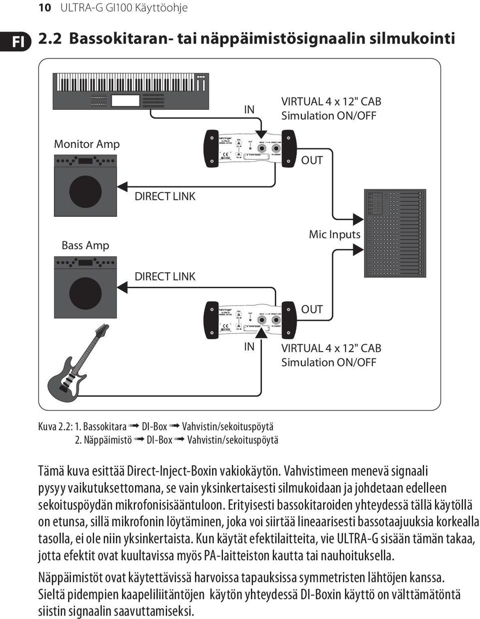 Kuva 2.2: 1. Bassokitara DI-Box Vahvistin/sekoituspöytä 2. Näppäimistö DI-Box Vahvistin/sekoituspöytä Tämä kuva esittää Direct-Inject-Boxin vakiokäytön.