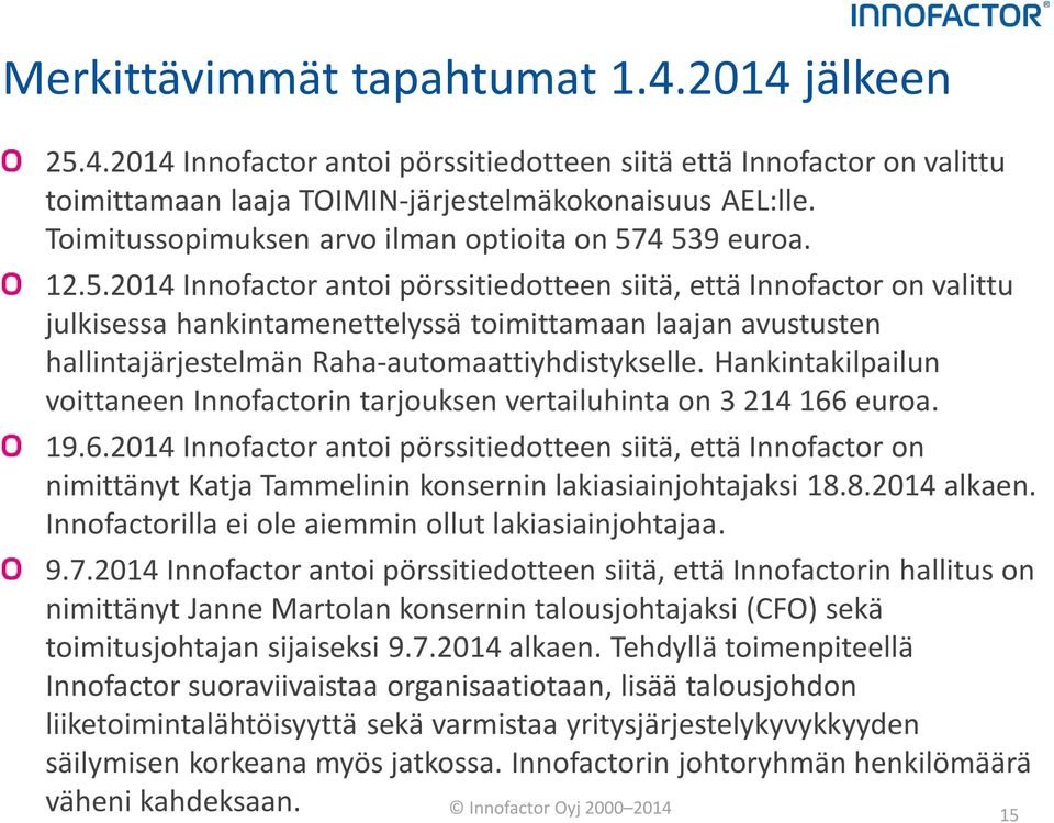 4 539 euroa. 12.5.2014 Innofactor antoi pörssitiedotteen siitä, että Innofactor on valittu julkisessa hankintamenettelyssä toimittamaan laajan avustusten hallintajärjestelmän Raha-automaattiyhdistykselle.