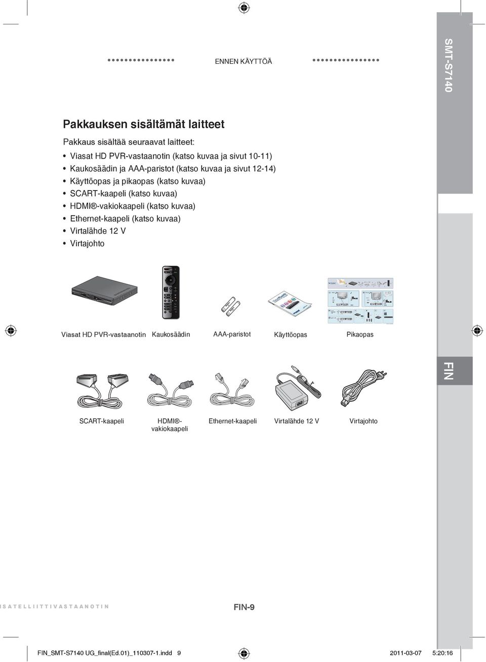 (katso kuvaa) Virtalähde 12 V Virtajohto Viasat HD PVR-vastaanotin Kaukosäädin AAA-paristot Käyttöopas Pikaopas SMT-S7140 FIN SCART-kaapeli HDMI