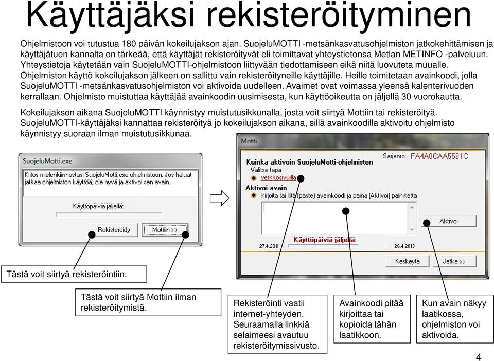 Yhteystietoja käytetään vain SuojeluMOTTI-ohjelmistoon liittyvään tiedottamiseen eikä niitä luovuteta muualle. Ohjelmiston käyttö kokeilujakson jälkeen on sallittu vain rekisteröityneille käyttäjille.