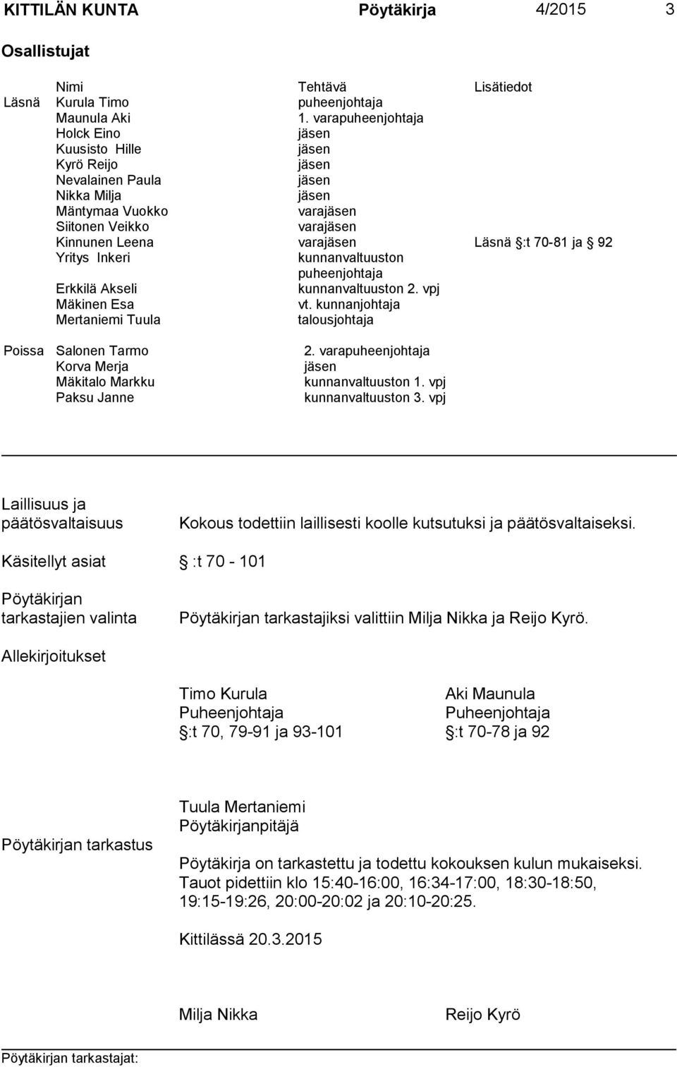 70-81 ja 92 Yritys Inkeri kunnanvaltuuston puheenjohtaja Erkkilä Akseli kunnanvaltuuston 2. vpj Mäkinen Esa vt. kunnanjohtaja Mertaniemi Tuula talousjohtaja Poissa Salonen Tarmo 2.