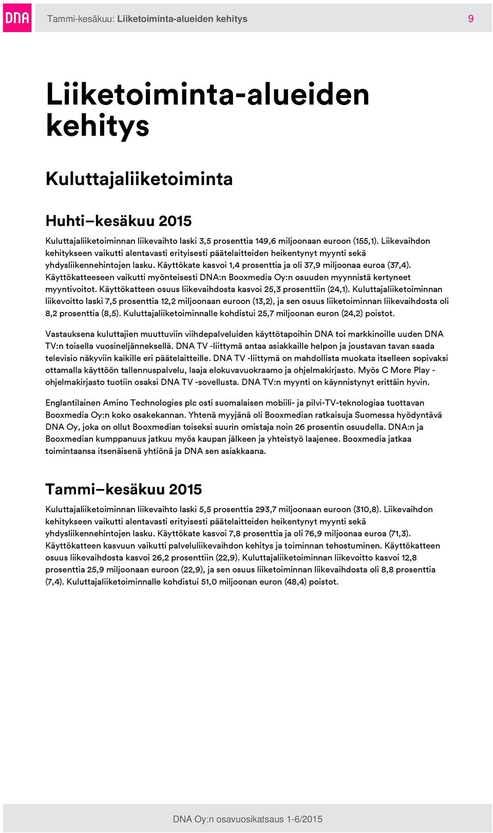 Käyttökate kasvoi 1,4 prosenttia ja oli 37,9 miljoonaa euroa (37,4). Käyttökatteeseen vaikutti myönteisesti DNA:n Booxmedia Oy:n osuuden myynnistä kertyneet myyntivoitot.