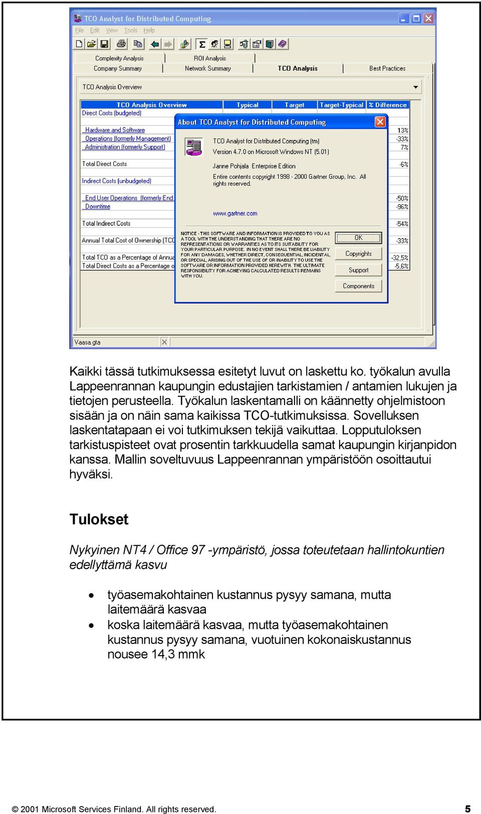Lopputuloksen tarkistuspisteet ovat prosentin tarkkuudella samat kaupungin kirjanpidon kanssa. Mallin soveltuvuus Lappeenrannan ympäristöön osoittautui hyväksi.