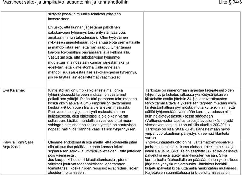 Vastustan sitä, että sakokaivojen tyhjennys muutettaisiin ainoastaan kunnan järjestämäksi ja edellytän, että kiinteistönhaltijalle annetaan mahdollisuus järjestää itse sakokaivojensa tyhjennys, jos