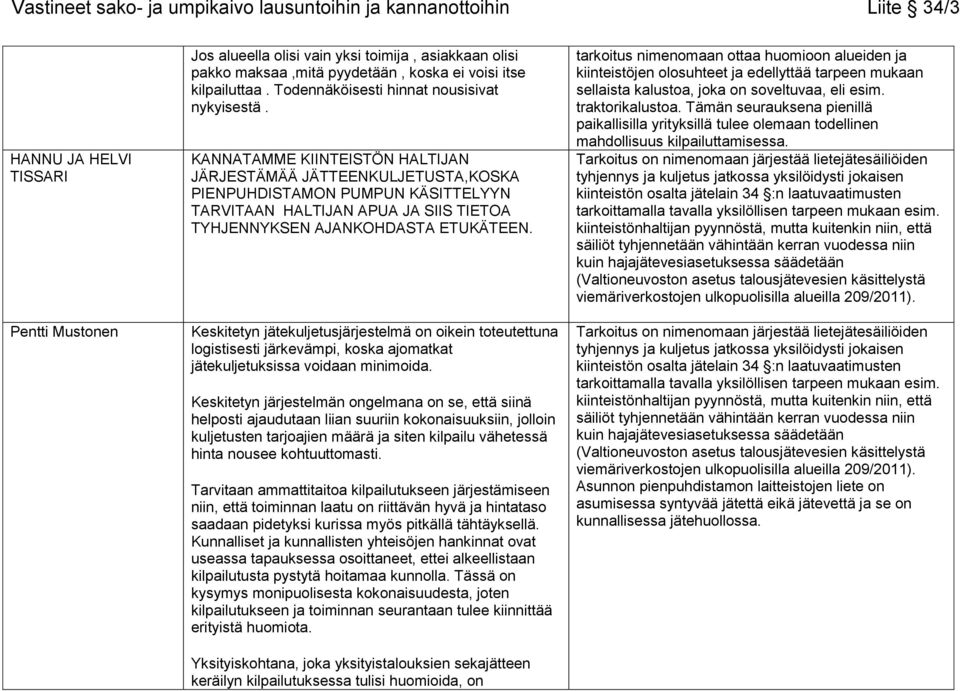 KANNATAMME KIINTEISTÖN HALTIJAN JÄRJESTÄMÄÄ JÄTTEENKULJETUSTA,KOSKA PIENPUHDISTAMON PUMPUN KÄSITTELYYN TARVITAAN HALTIJAN APUA JA SIIS TIETOA TYHJENNYKSEN AJANKOHDASTA ETUKÄTEEN.