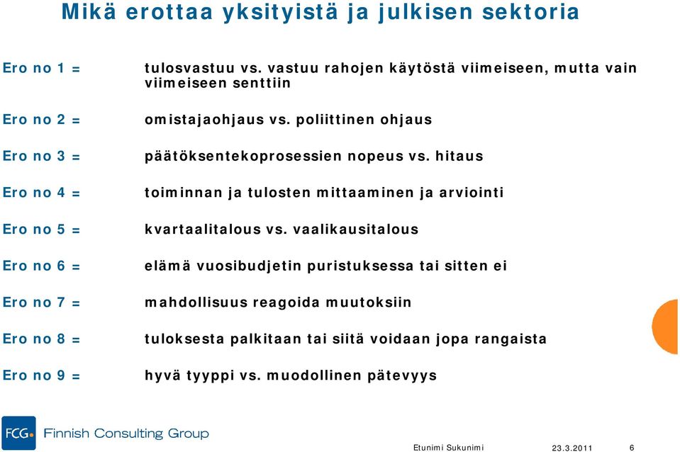 poliittinen ohjaus päätöksentekoprosessien nopeus vs. hitaus toiminnan ja tulosten mittaaminen ja arviointi kvartaalitalous vs.