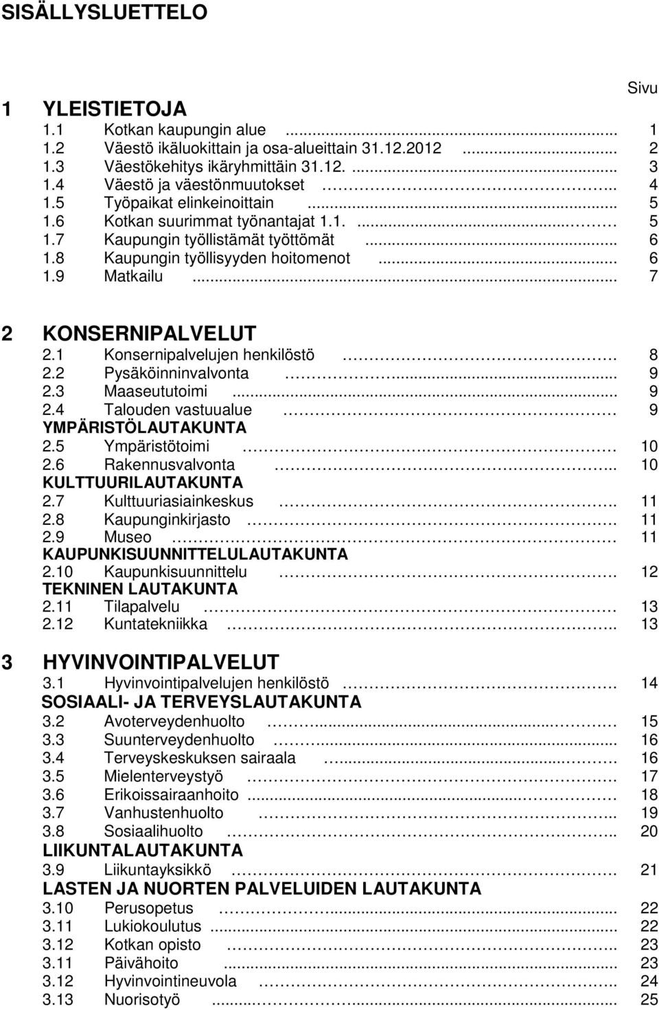 .. 7 Sivu 2 KONSERNIPALVELUT 2.1 Konsernipalvelujen henkilöstö. 8 2.2 Pysäköinninvalvonta... 9 2.3 Maaseututoimi... 9 2.4 Talouden vastuualue 9 YMPÄRISTÖLAUTAKUNTA 2.5 Ympäristötoimi.. 10 2.