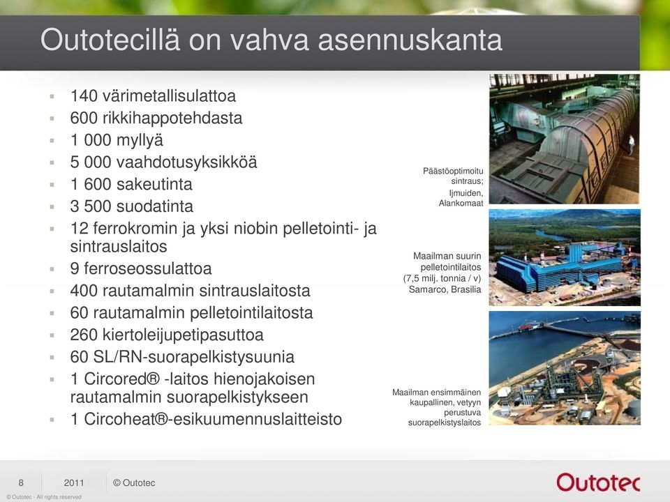 kiertoleijupetipasuttoa 60 SL/RN-suorapelkistysuunia 1 Circored -laitos hienojakoisen rautamalmin suorapelkistykseen 1 Circoheat -esikuumennuslaitteisto