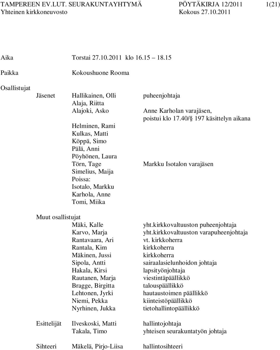 Maija Poissa: Isotalo, Markku Karhola, Anne Tomi, Miika Anne Karholan varajäsen, poistui klo 17.