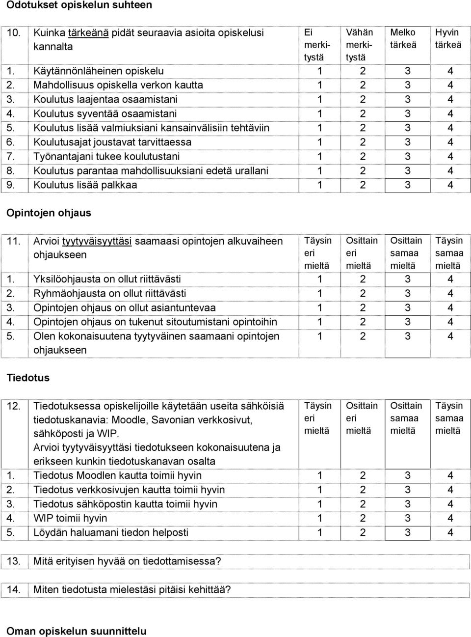 Koulutusajat joustavat tarvittaessa 7. Työnantajani tukee koulutustani 8. Koulutus parantaa mahdollisuuksiani edetä urallani 9. Koulutus lisää palkkaa Opintojen ohjaus 11.