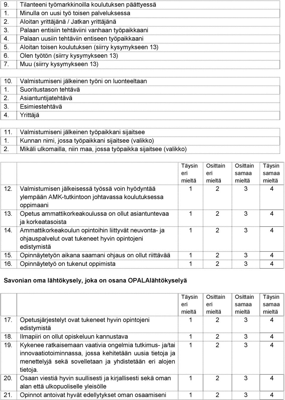 Valmistumiseni jälkeinen työni on luonteeltaan 1. Suoritustason tehtävä 2. Asiantuntijatehtävä 3. Esimiestehtävä 4. Yrittäjä 11. Valmistumiseni jälkeinen työpaikkani sijaitsee 1.