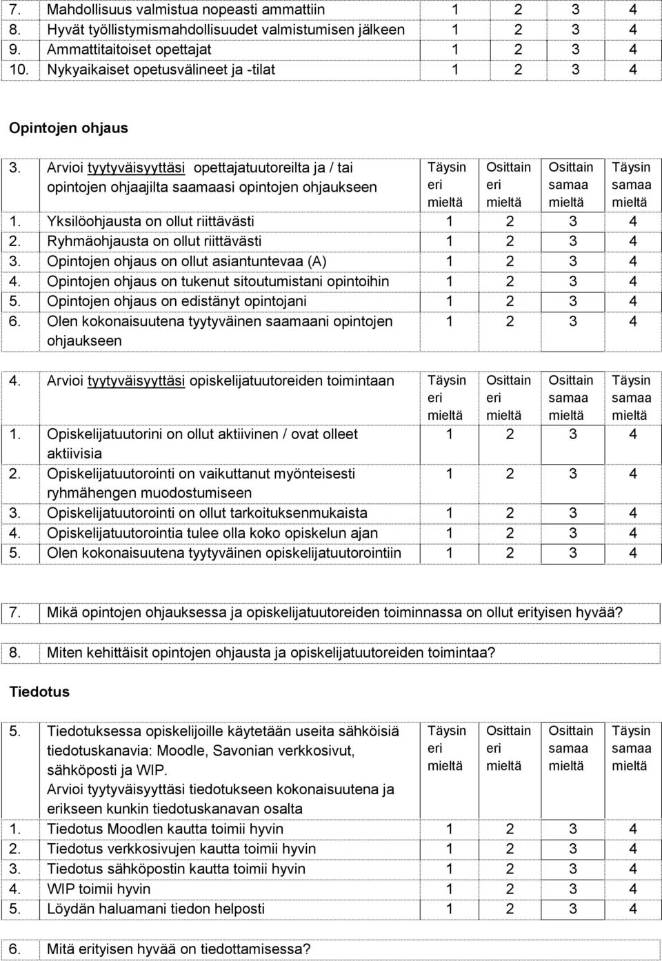 Opintojen ohjaus on ollut asiantuntevaa (A) 4. Opintojen ohjaus on tukenut sitoutumistani opintoihin 5. Opintojen ohjaus on edistänyt opintojani 6.