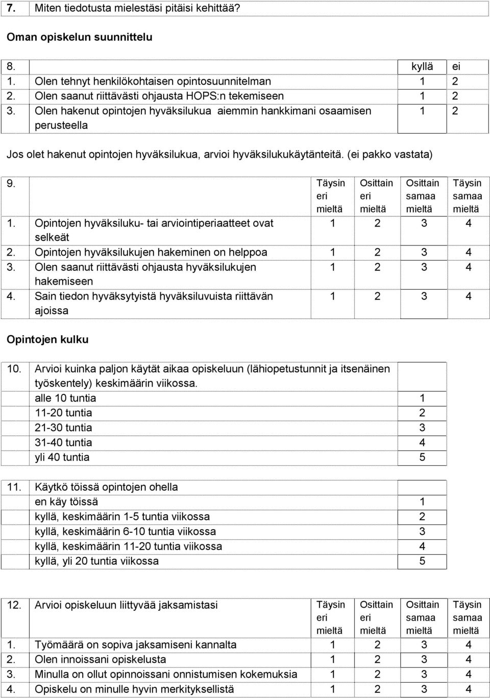 Olen hakenut opintojen hyväksilukua aiemmin hankkimani osaamisen perusteella 1 2 Jos olet hakenut opintojen hyväksilukua, arvioi hyväksilukukäytänteitä. (ei pakko vastata) 9. 1. Opintojen hyväksiluku- tai arviointipaatteet ovat selkeät 2.