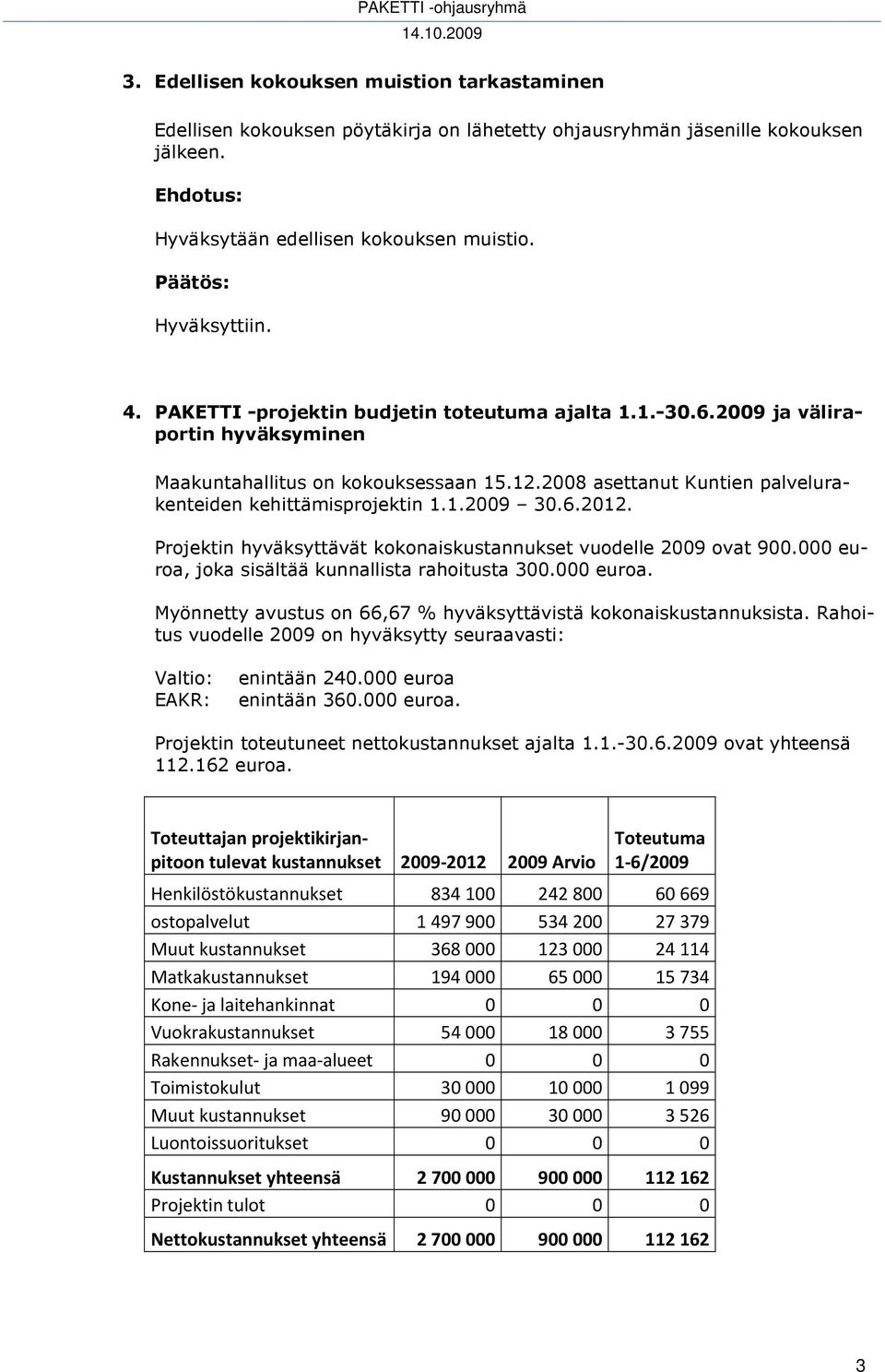 6.2012. Projektin hyväksyttävät kokonaiskustannukset vuodelle 2009 ovat 900.000 euroa, joka sisältää kunnallista rahoitusta 300.000 euroa. Myönnetty avustus on 66,67 % hyväksyttävistä kokonaiskustannuksista.
