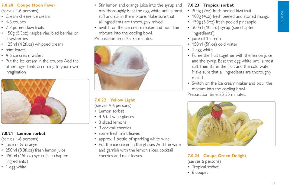 21 Lemon sorbet (serves 4-6 persons) Juice of ½ orange 250ml (8.3fl.oz) fresh lemon juice 450ml (15fl.