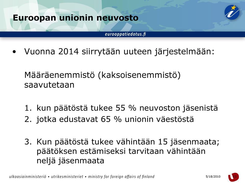 kun päätöstä tukee 55 % neuvoston jäsenistä 2.