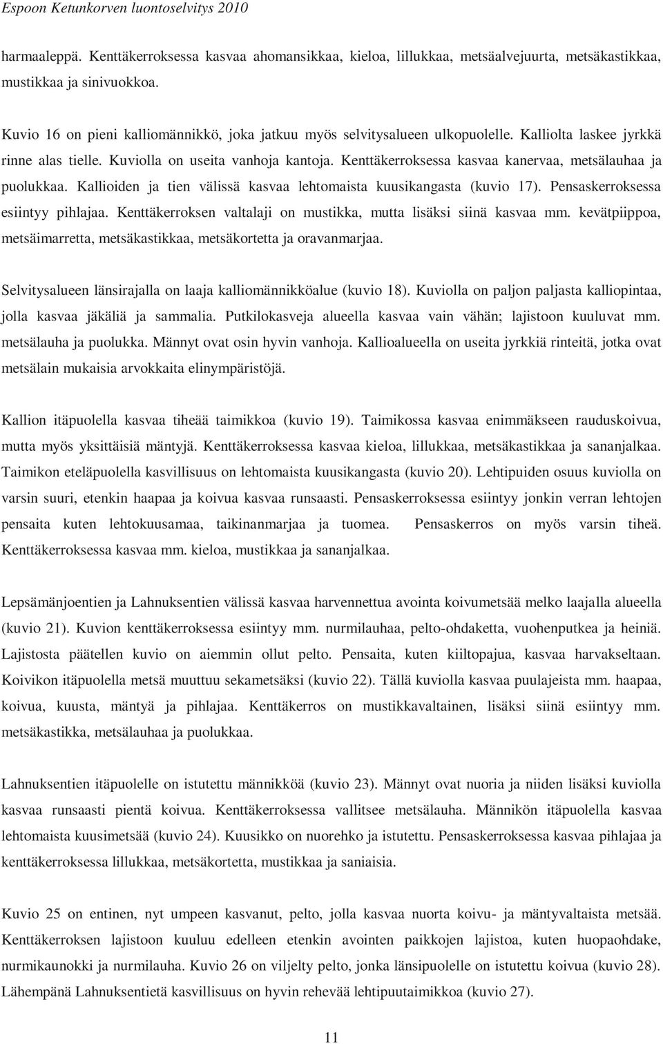 Kenttäkerroksessa kasvaa kanervaa, metsälauhaa ja puolukkaa. Kallioiden ja tien välissä kasvaa lehtomaista kuusikangasta (kuvio 17). Pensaskerroksessa esiintyy pihlajaa.