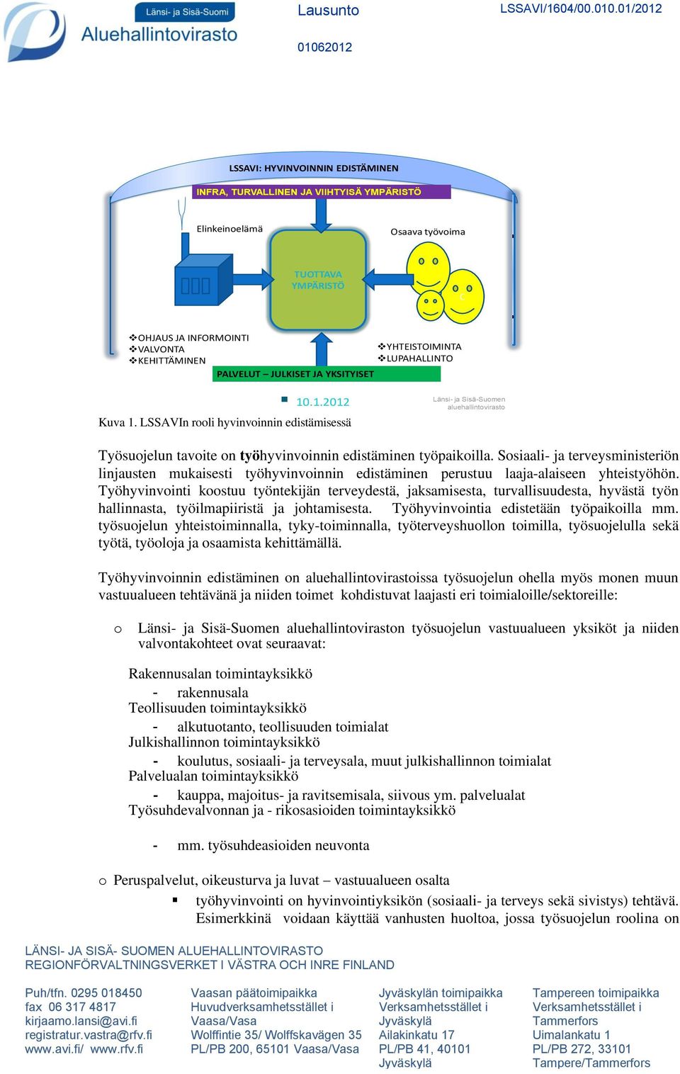 LSSAVIn rooli hyvinvoinnin edistämisessä Länsi- ja Sisä-Suomen aluehallintovirasto Työsuojelun tavoite on työhyvinvoinnin edistäminen työpaikoilla.