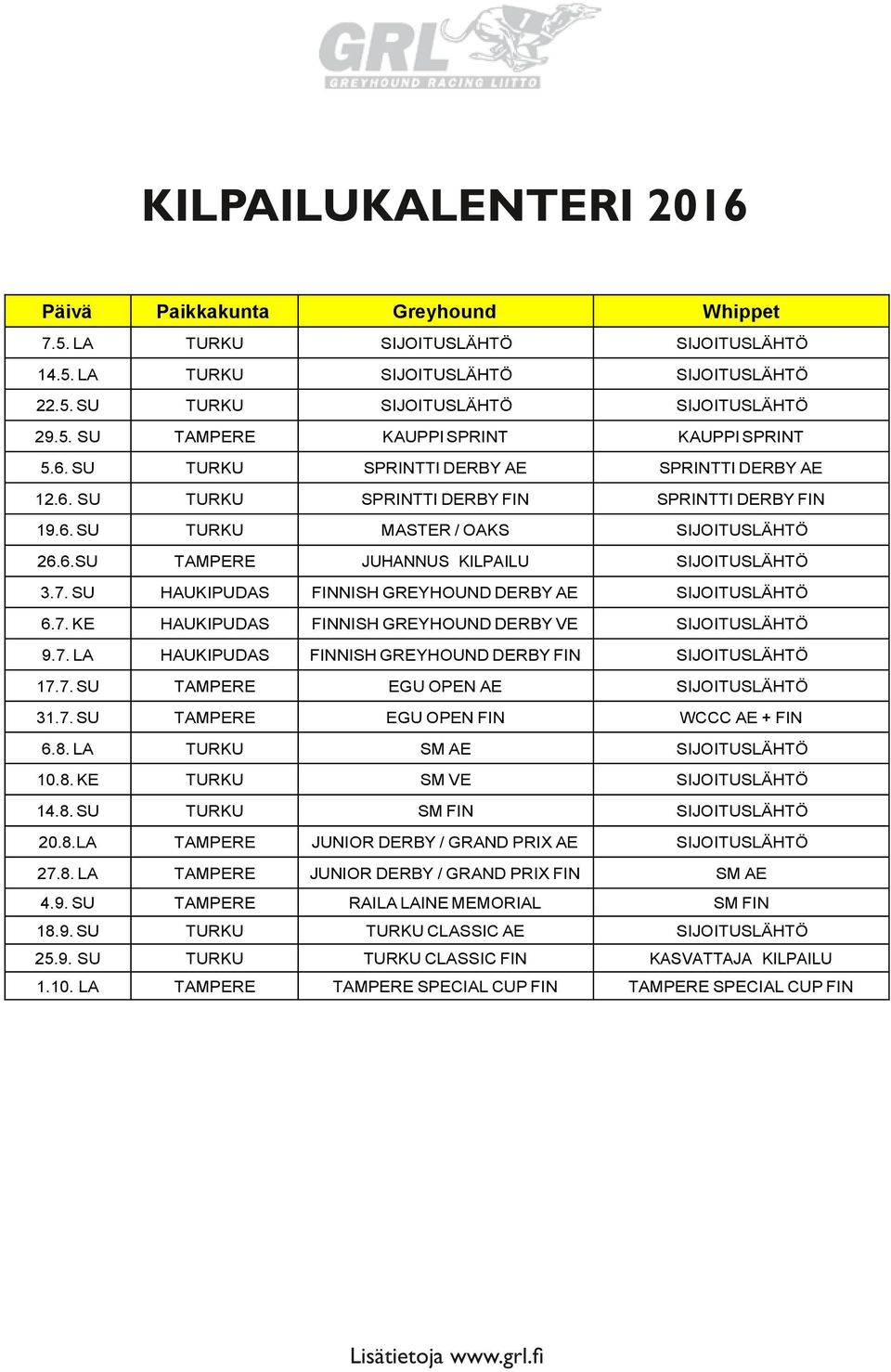 SU HAUKIPUDAS FINNISH GREYHOUND DERBY AE SIJOITUSLÄHTÖ 6.7. KE HAUKIPUDAS FINNISH GREYHOUND DERBY VE SIJOITUSLÄHTÖ 9.7. LA HAUKIPUDAS FINNISH GREYHOUND DERBY FIN SIJOITUSLÄHTÖ 17.7. SU TAMPERE EGU OPEN AE SIJOITUSLÄHTÖ 31.