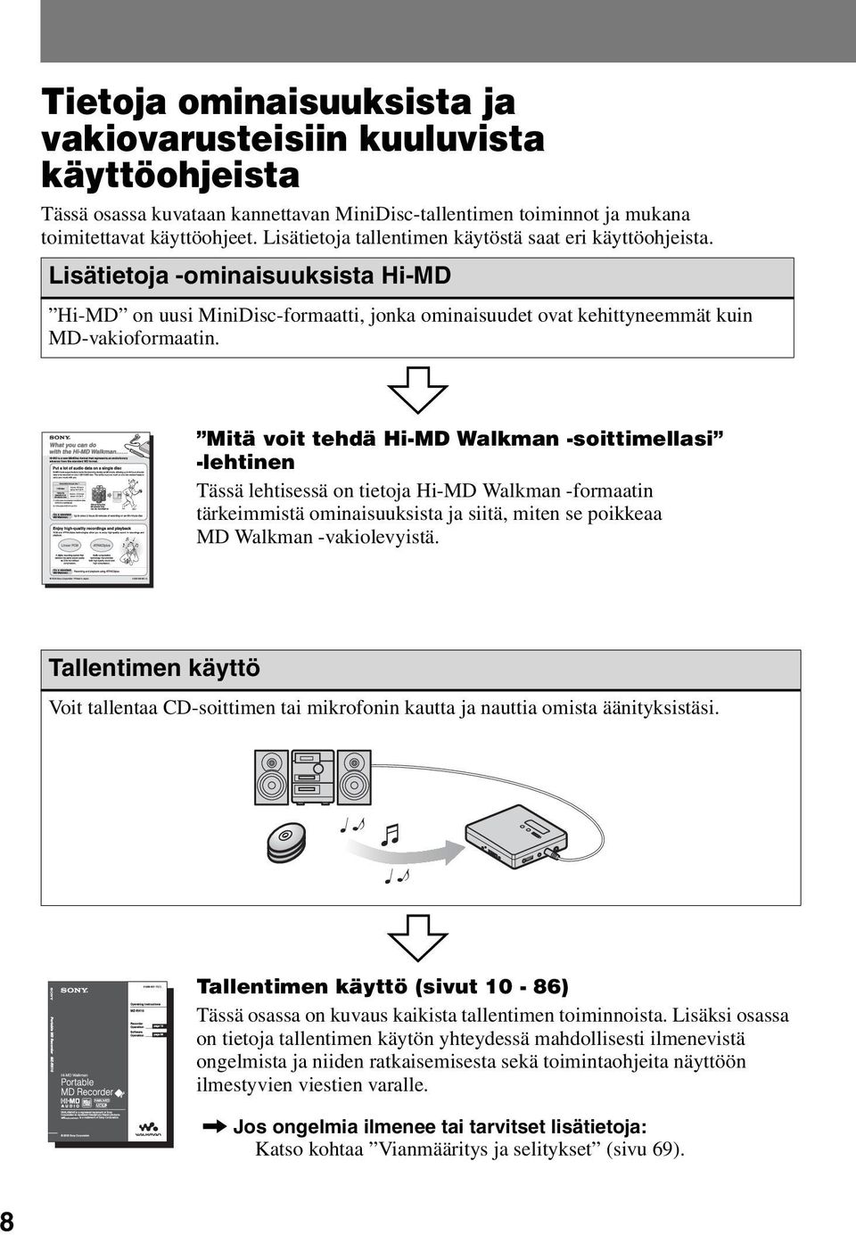 Mitä voit tehdä Hi-MD Walkman -soittimellasi -lehtinen Tässä lehtisessä on tietoja Hi-MD Walkman -formaatin tärkeimmistä ominaisuuksista ja siitä, miten se poikkeaa MD Walkman -vakiolevyistä.