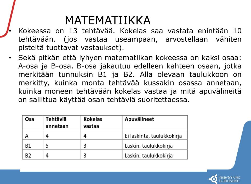 Sekä pitkän että lyhyen matematiikan kokeessa on kaksi osaa: A-osa ja B-osa.