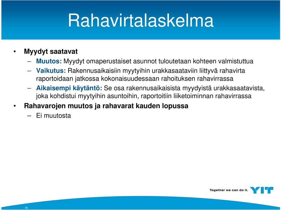 rahavirrassa Aikaisempi käytäntö: Se osa rakennusaikaisista myydyistä urakkasaatavista, joka kohdistui myytyihin