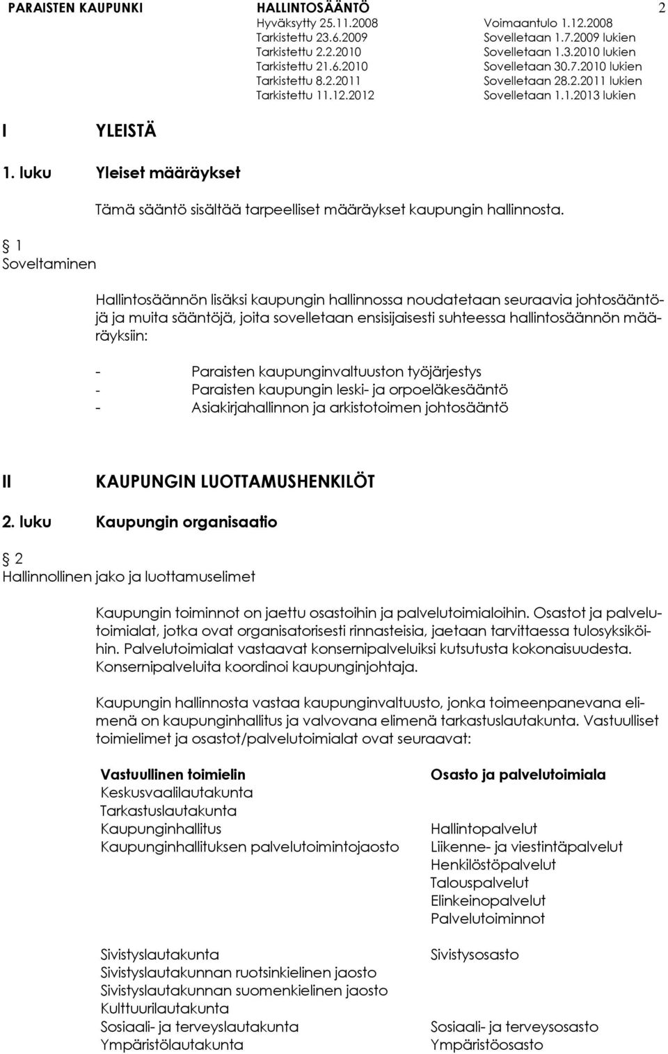 kaupunginvaltuuston työjärjestys - Paraisten kaupungin leski- ja orpoeläkesääntö - Asiakirjahallinnon ja arkistotoimen johtosääntö II KAUPUNGIN LUOTTAMUSHENKILÖT 2.