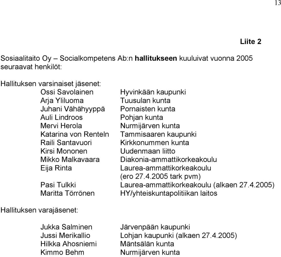 kaupunki Kirkkonummen kunta Uudenmaan liitto Diakonia-ammattikorkeakoulu Laurea-ammattikorkeakoulu (ero 27.4.