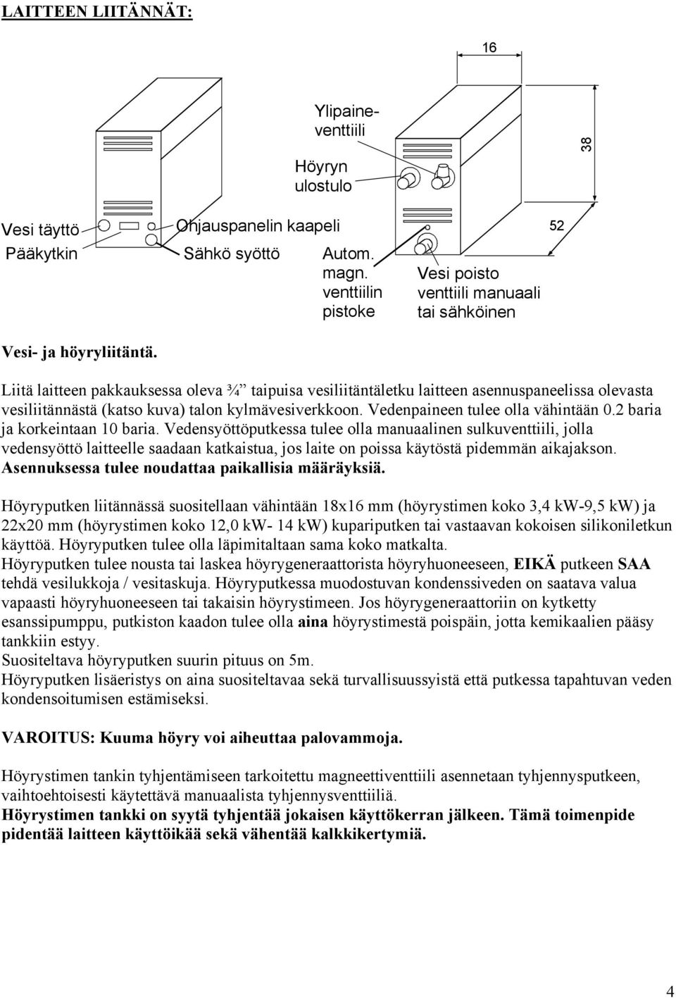 Liitä laitteen pakkauksessa oleva ¾ taipuisa vesiliitäntäletku laitteen asennuspaneelissa olevasta vesiliitännästä (katso kuva) talon kylmävesiverkkoon. Vedenpaineen tulee olla vähintään 0.