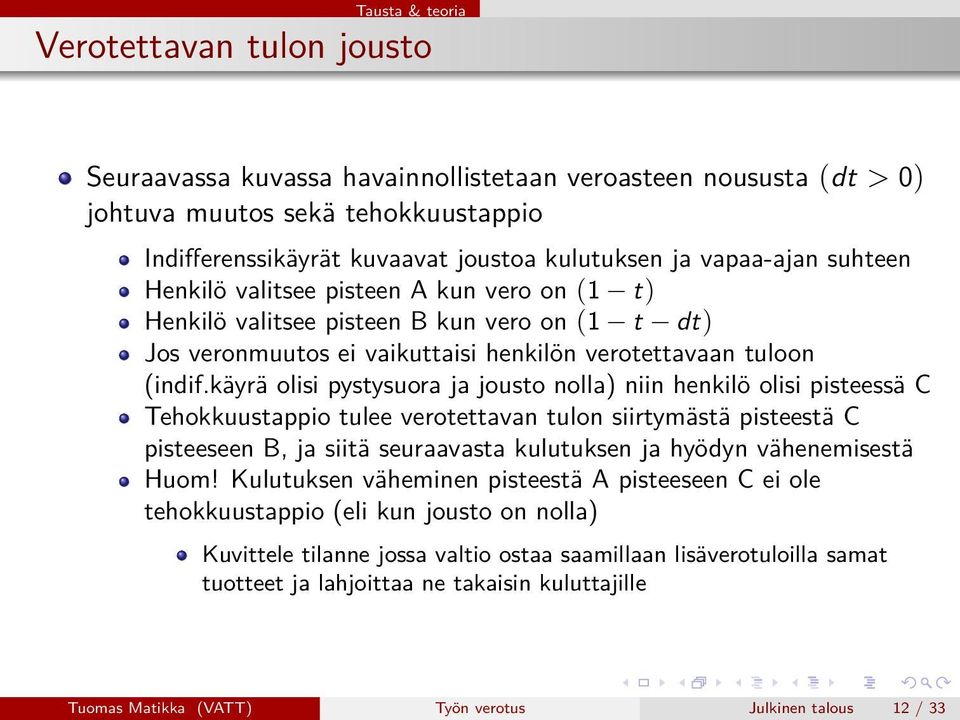 käyrä olisi pystysuora ja jousto nolla) niin henkilö olisi pisteessä C Tehokkuustappio tulee verotettavan tulon siirtymästä pisteestä C pisteeseen B, ja siitä seuraavasta kulutuksen ja hyödyn