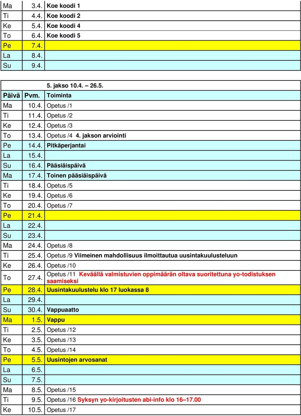 4. Opetus /10 To Opetus /11 Keväällä valmistuvien oppimäärän oltava suoritettuna yo-todistuksen 27.4. saamiseksi 28.4. Uusintakuulustelu klo 17 luokassa 8 La 29.4. Su 30.4. Vappuaatto 1.5. Vappu Ti 2.