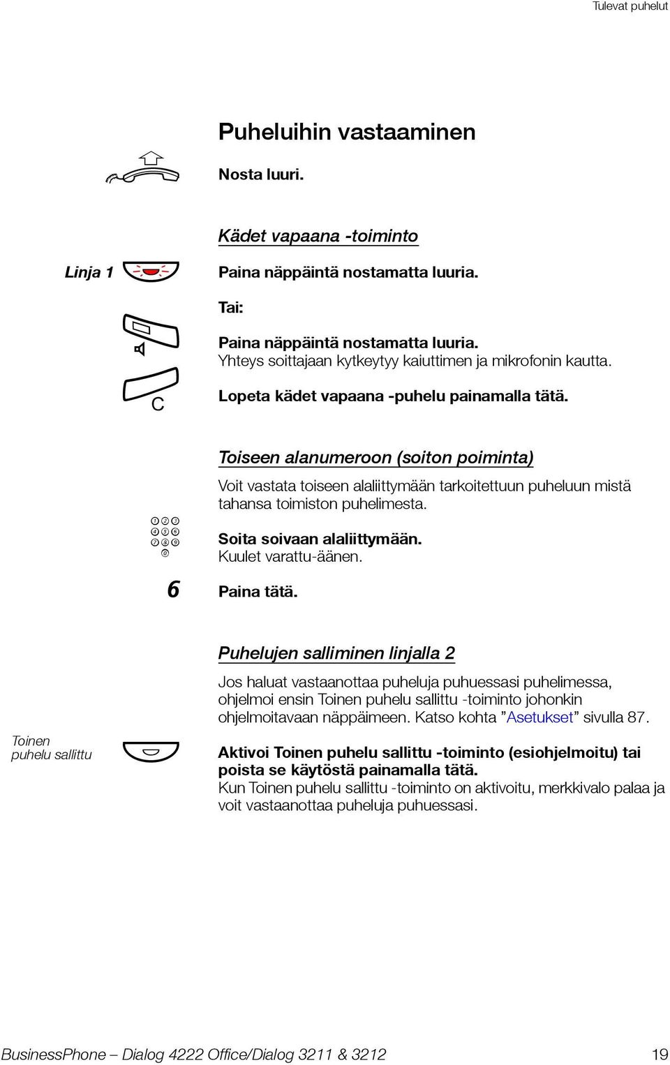 z Toiseen alanumeroon (soiton poiminta) Voit vastata toiseen alaliittymään tarkoitettuun puheluun mistä tahansa toimiston puhelimesta. Soita soivaan alaliittymään. Kuulet varattu-äänen. 6 Paina tätä.