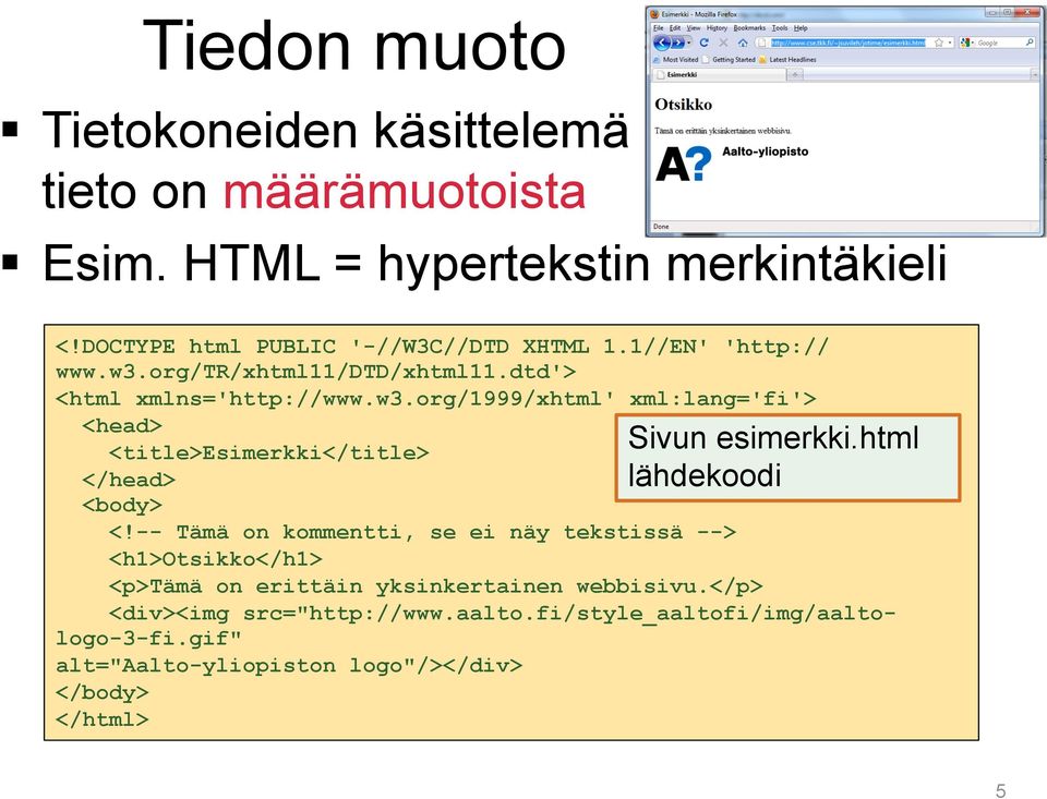 -- Tämä on kommentti, se ei näy tekstissä --> <h1>otsikko</h1> <p>tämä on erittäin yksinkertainen webbisivu.</p> Sivun esimerkki.