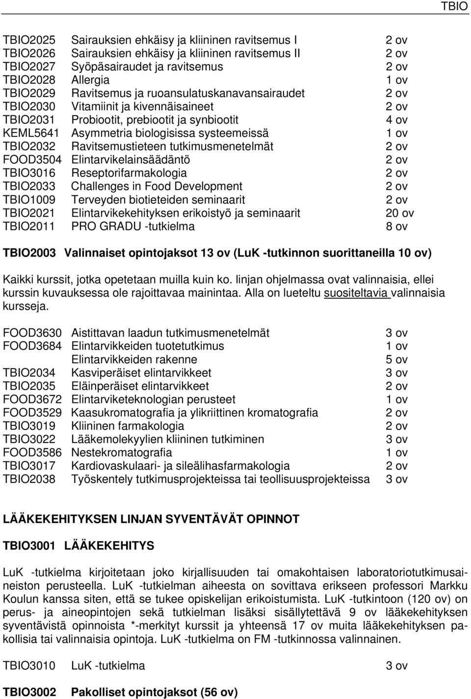 Ravitsemustieteen tutkimusmenetelmät 2 ov FOOD3504 Elintarvikelainsäädäntö 2 ov TBIO3016 Reseptorifarmakologia 2 ov TBIO2033 Challenges in Food Development 2 ov TBIO1009 Terveyden biotieteiden