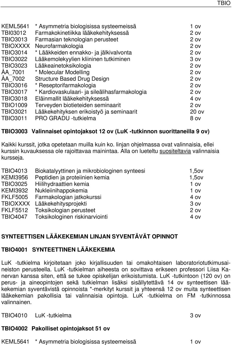 TBIO3016 * Reseptorifarmakologia 2 ov TBIO3017 * Kardiovaskulaari- ja sileälihasfarmakologia 2 ov TBIO3018 Eläinmallit lääkekehityksessä 4 ov TBIO1009 Terveyden biotieteiden seminaarit 2 ov TBIO3021