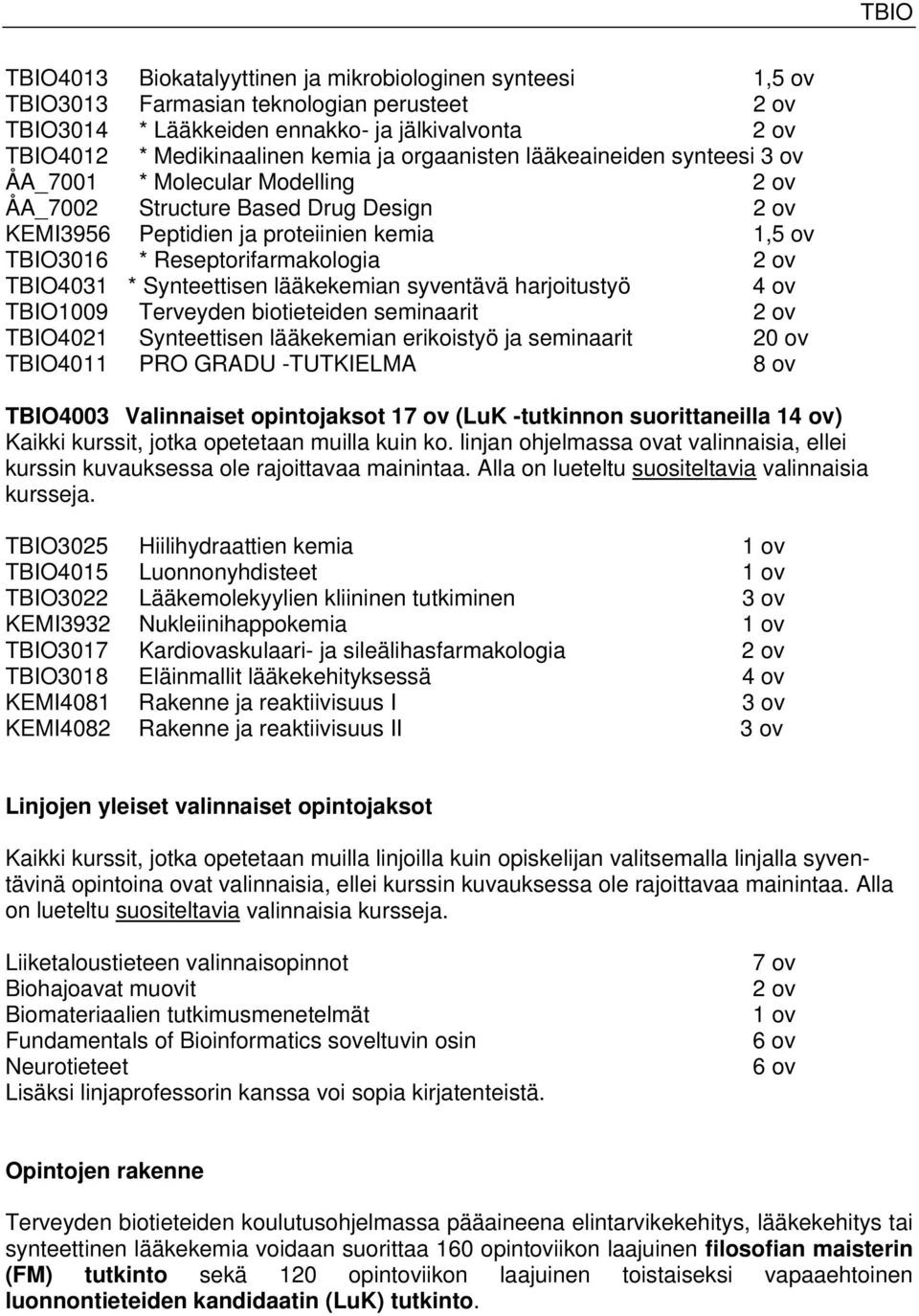 ov TBIO4031 * Synteettisen lääkekemian syventävä harjoitustyö 4 ov TBIO1009 Terveyden biotieteiden seminaarit 2 ov TBIO4021 Synteettisen lääkekemian erikoistyö ja seminaarit 20 ov TBIO4011 PRO GRADU