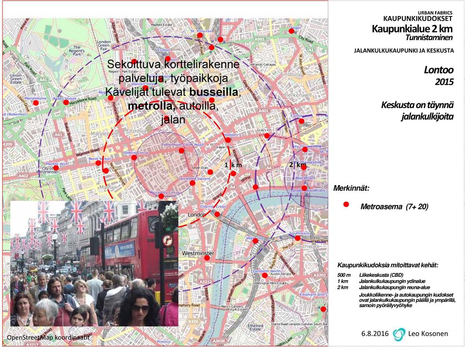 20) 20 Kaupunkikudoksia mitoittavat kehät: 500 m Liikekeskusta (CBD) 1 km Jalankulkukaupungin ydinalue 2 km Jalankulkukaupungin reuna-alue