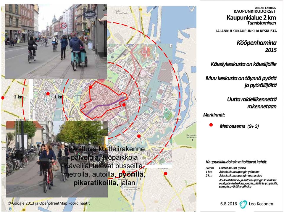 metrolla, autoilla, pyörillä, pikaratikoilla, jalan Kaupunkikudoksia mitoittavat kehät: 500 m Liikekeskusta (CBD) 1 km Jalankulkukaupungin ydinalue 2 km Jalankulkukaupungin