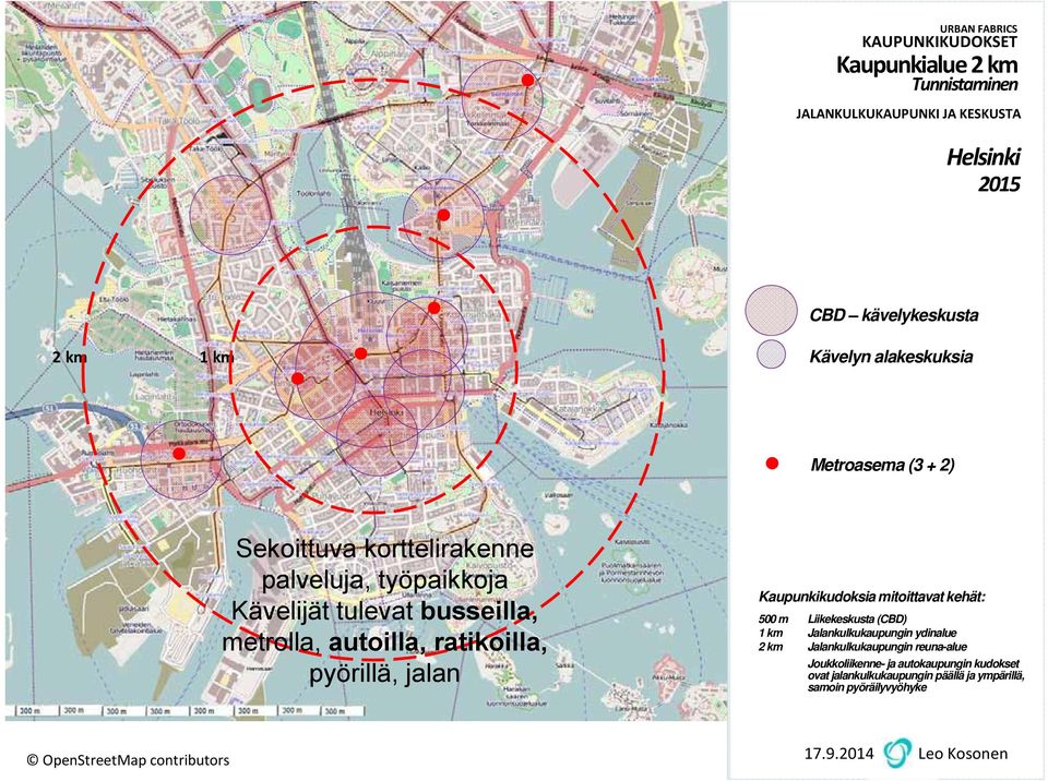 ratikoilla, pyörillä, jalan Kaupunkikudoksia mitoittavat kehät: 500 m Liikekeskusta (CBD) 1 km Jalankulkukaupungin ydinalue 2 km Jalankulkukaupungin