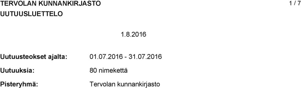 2016 Uutuusteokset ajalta: Uutuuksia: