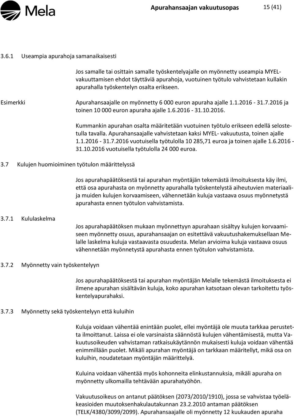 apurahalla työskentelyn osalta erikseen. Esimerkki Apurahansaajalle on myönnetty 6 000 euron apuraha ajalle 1.1.2016-