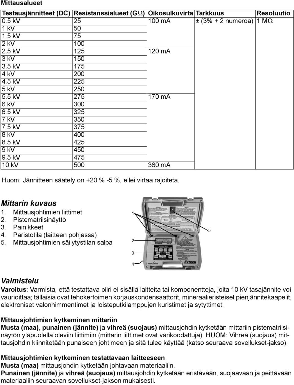 5 kv 475 10 kv 500 360 ma Huom: Jännitteen säätely on +20 % -5 %, ellei virtaa rajoiteta. Mittarin kuvaus 1. Mittausjohtimien liittimet 2. Pistematriisinäyttö 3. Painikkeet 4.