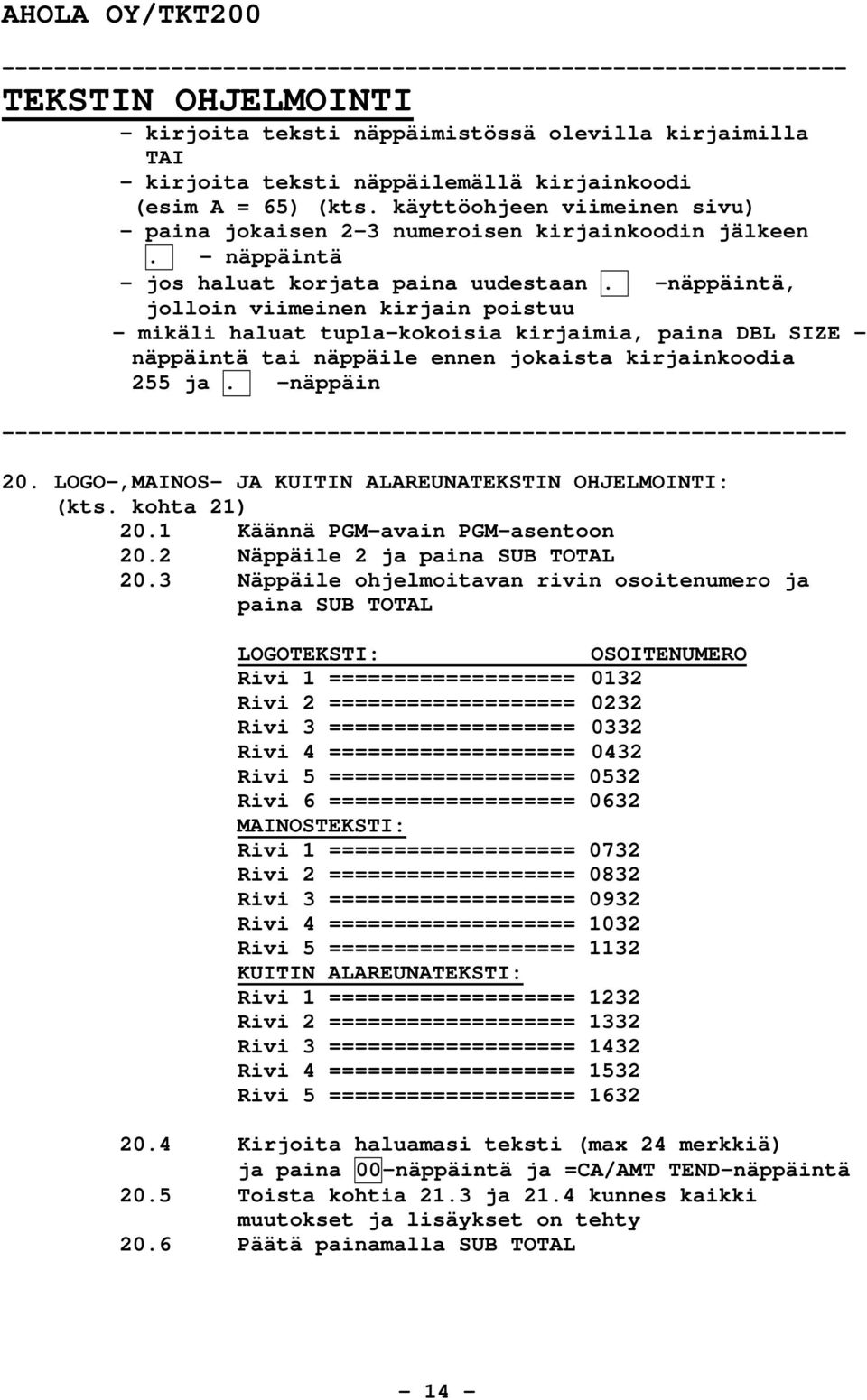 -näppäintä, jolloin viimeinen kirjain poistuu - mikäli haluat tupla-kokoisia kirjaimia, paina DBL SIZE näppäintä tai näppäile ennen jokaista kirjainkoodia 255 ja.