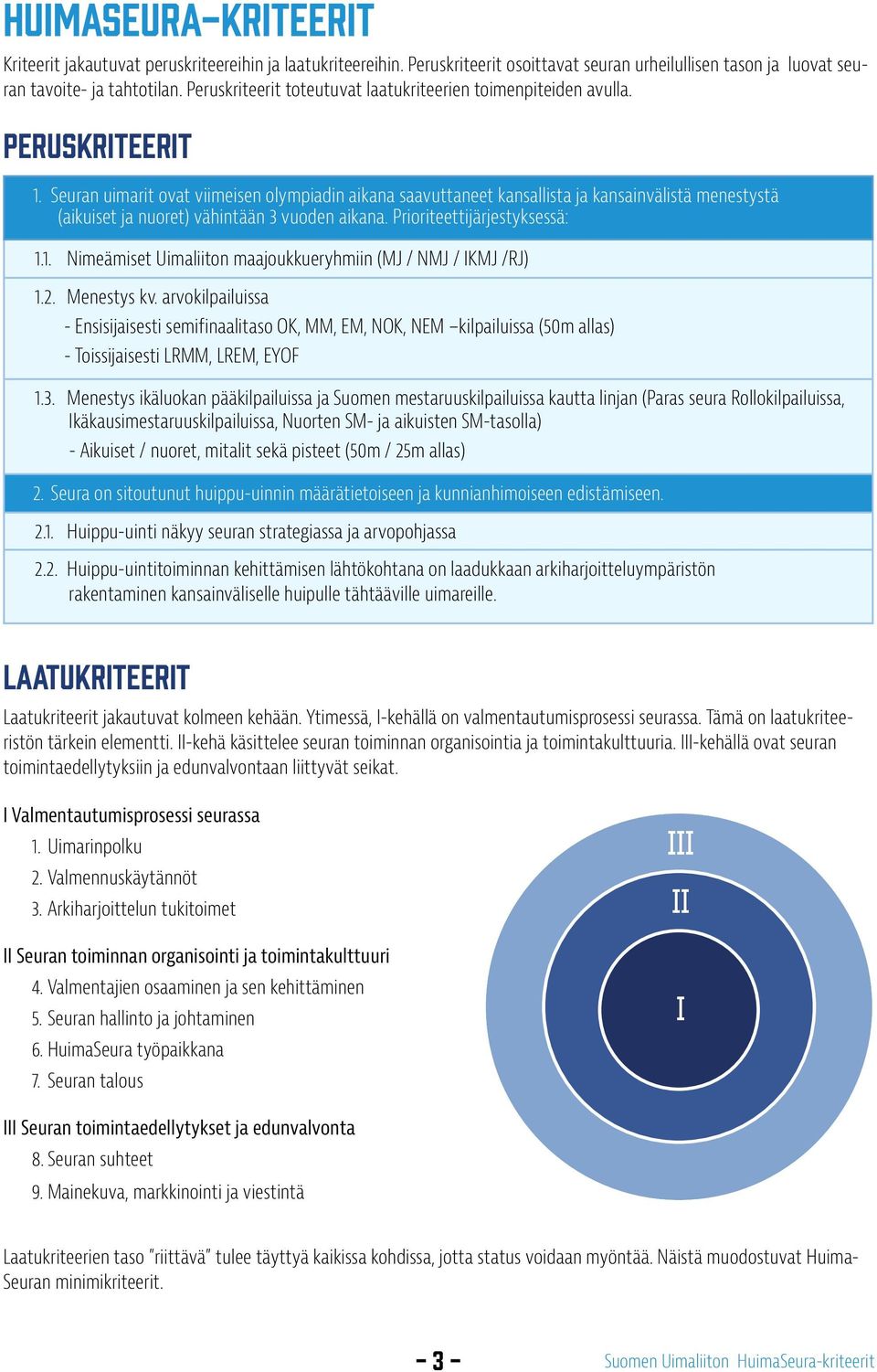 Seuran uimarit ovat viimeisen olympiadin aikana saavuttaneet kansallista ja kansainvälistä menestystä (aikuiset ja nuoret) vähintään 3 vuoden aikana. Prioriteettijärjestyksessä: 1.